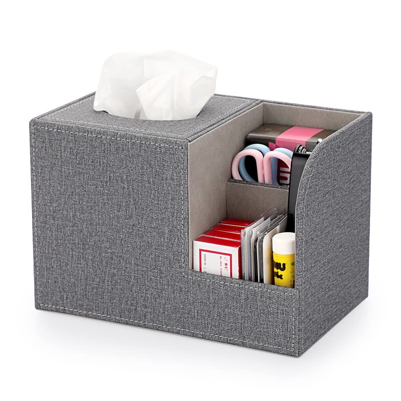 Sumnacon Square Linen Tissue Box Cover - Decorative Cube Tissue Box Holder with Side Organizer  Modern Tissue Box for Living Room Vanity Night Stand Table Countertop Office  Grey - Image 1